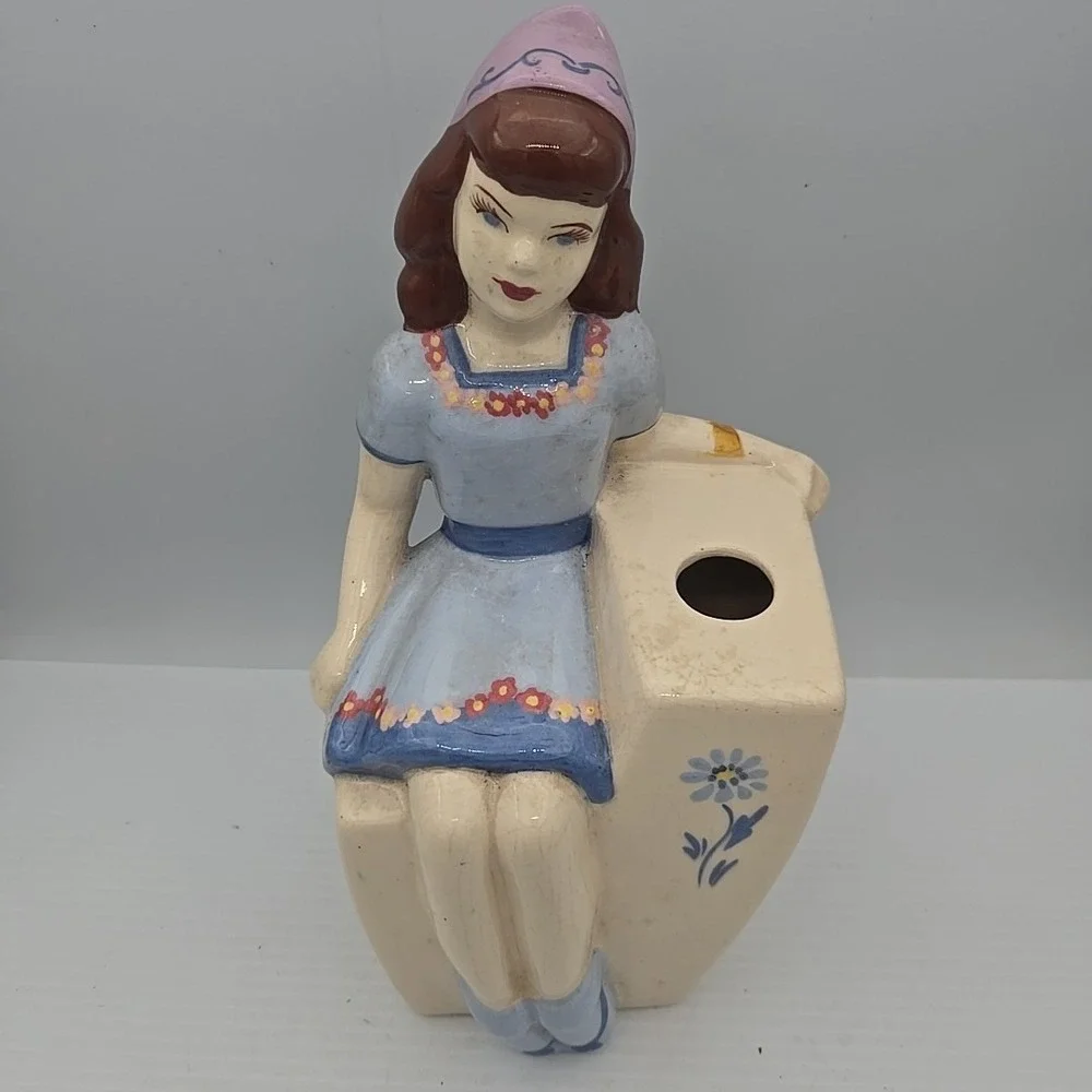 Lady Vase 1940s Weil Ware CA Pottery Woman In White‎ Dress Scarf Flowers Planter